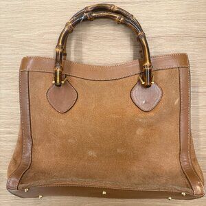 Gucci Bamboo Handle Beige Suede Bag